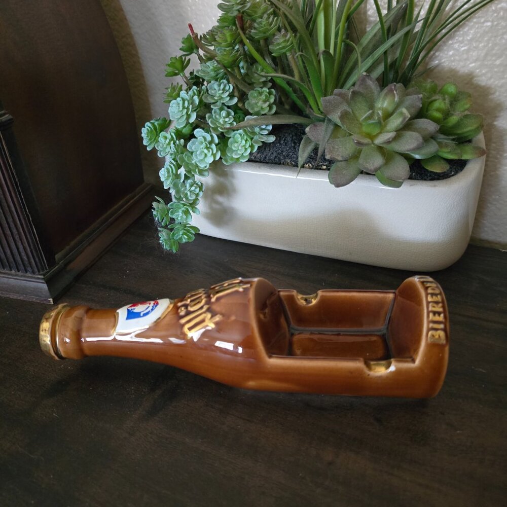 Vintage Gläserne Pils Bierde Lux Ceramic Beer Bottle Ashtray Germany Barware‎